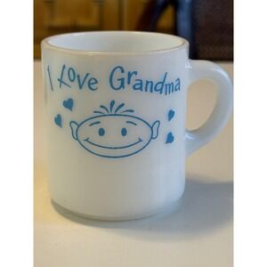 Vintage Milk Glass I Love Grandma Mug White Blue Graphic Retro Coffee Cup 3in
